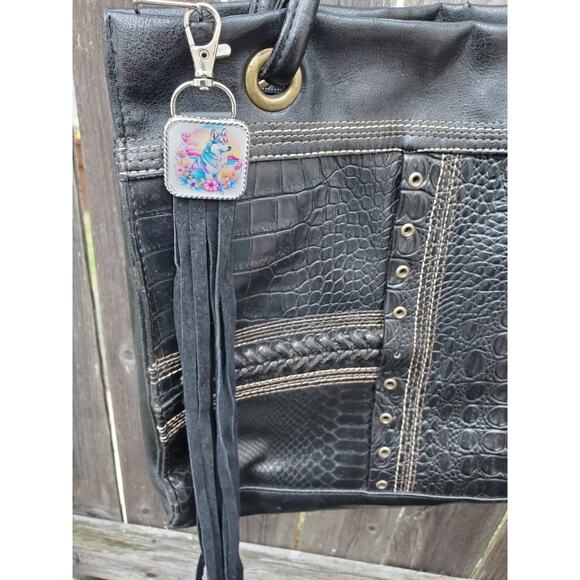 Handmade boho Husky dog gift Leather Fringe Western bag charm keychain - Picture 4 of 4